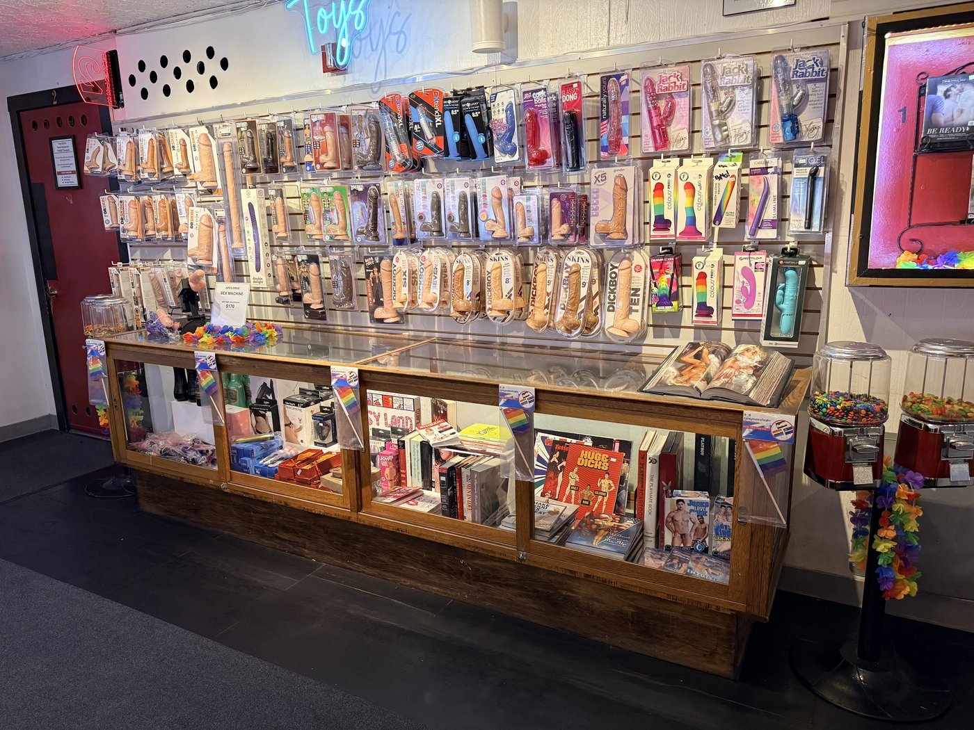Adult toys display wall at Bob's Adult Bookstore showroom